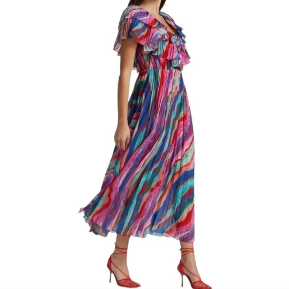 AMUR Luisa Pleated Striped Midi Dress NWT Size 8 Watercolor Ruffle